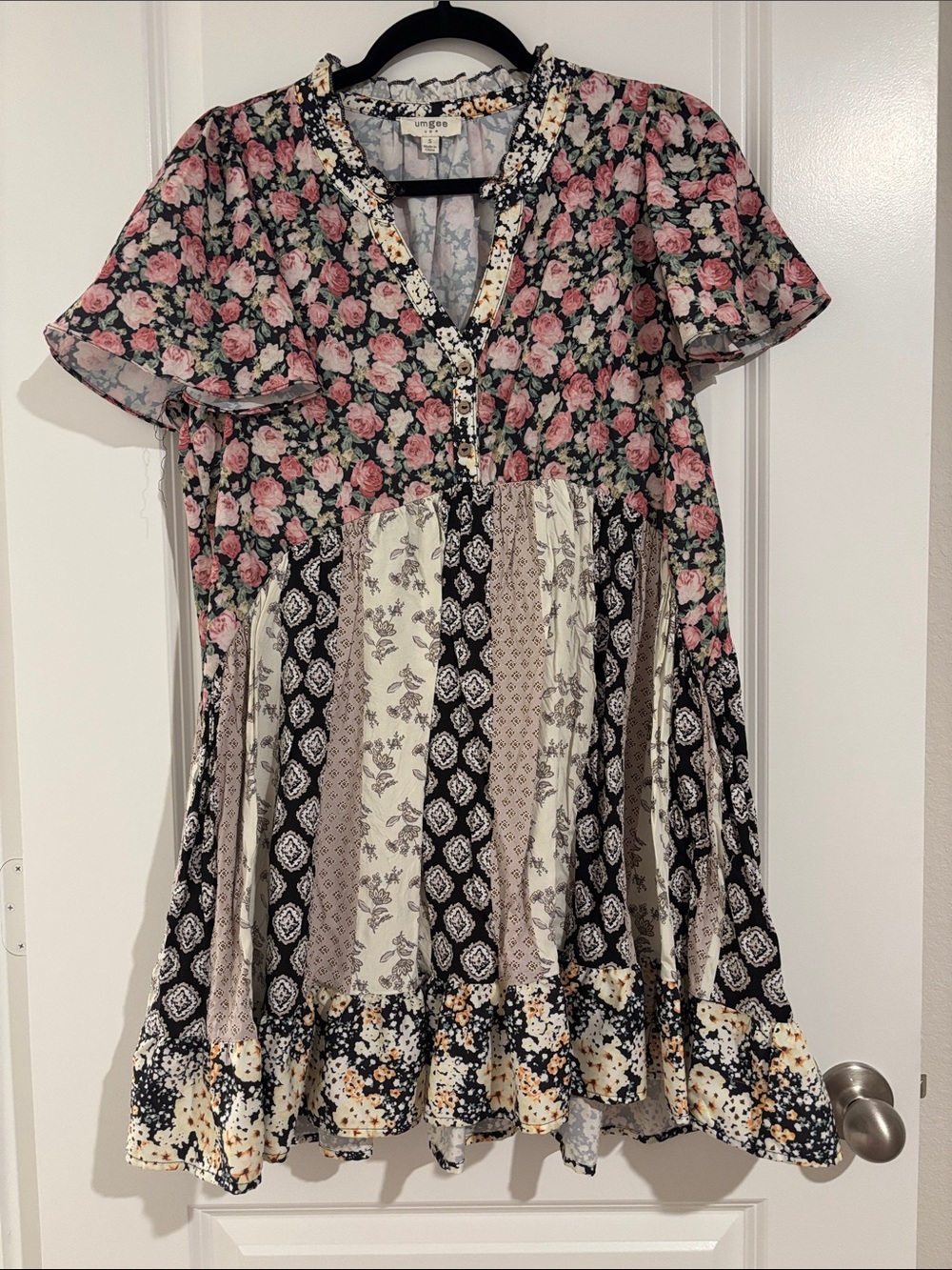 Umgee Mixed Floral Patchwork Dress - Pink, Black & Cream